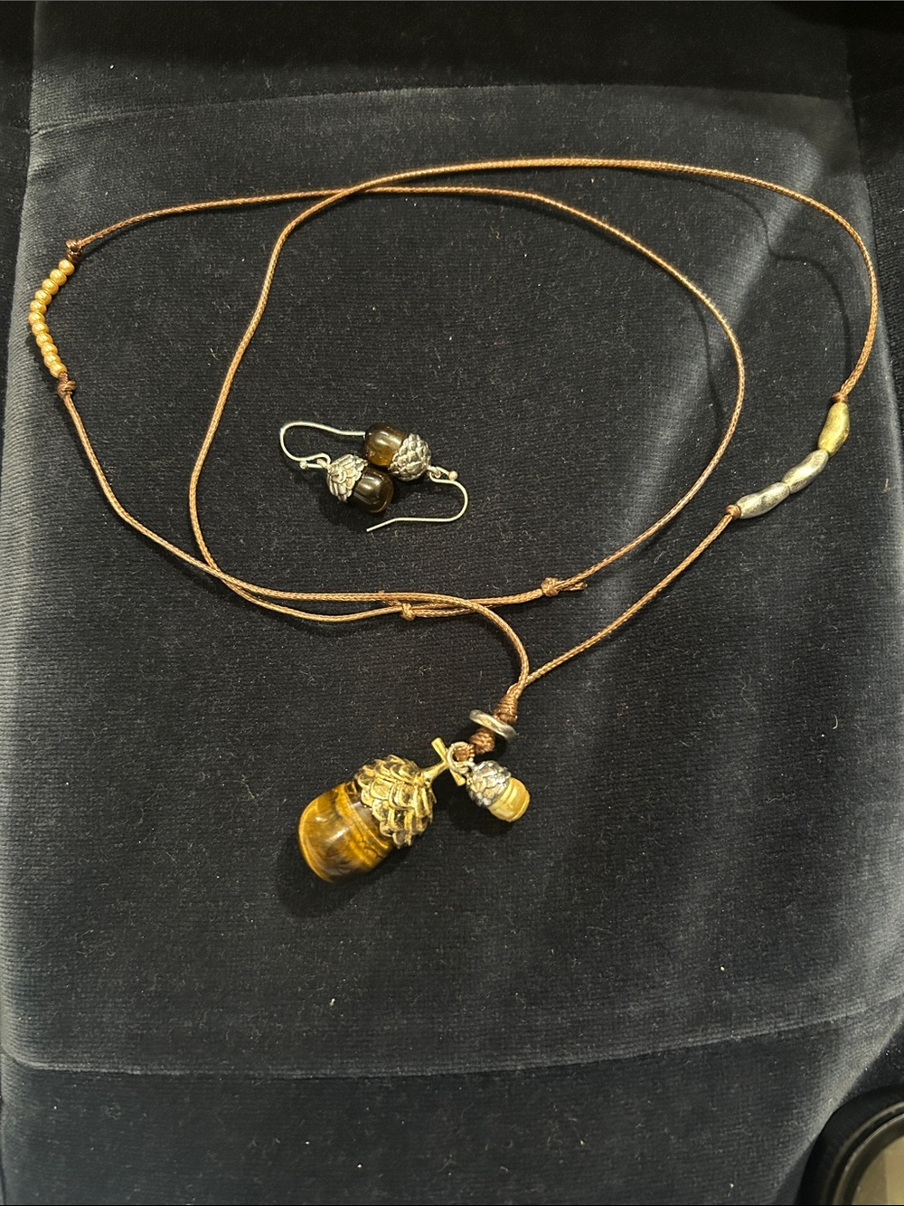 Handcrafted Tiger Eye Pendant Necklace and Earrings Set - Brown